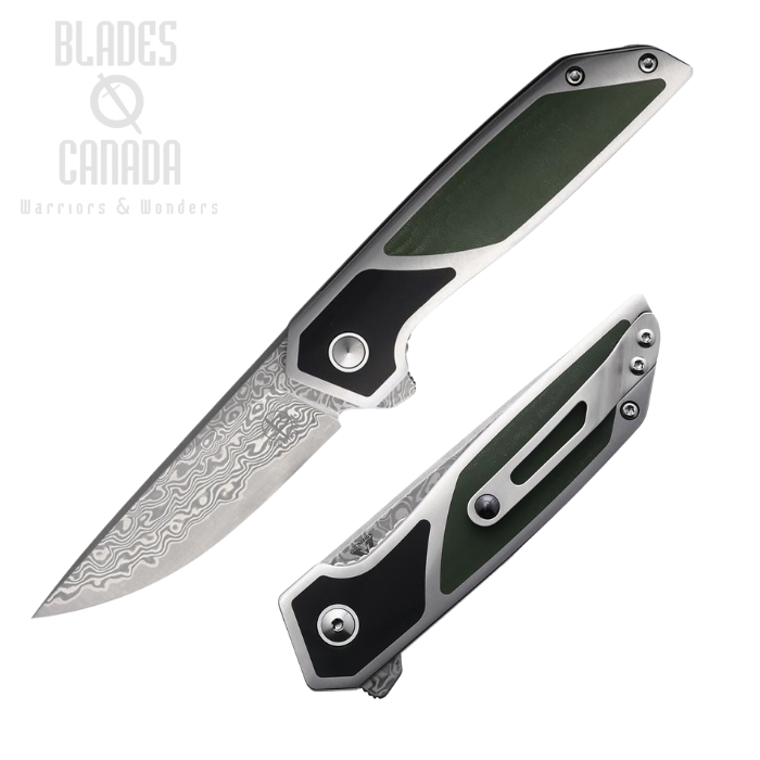 Begg Knives Diamici Flipper Folding Knife, Damascus, Stainless/Micarta Black & Green Inlay, BG015M
